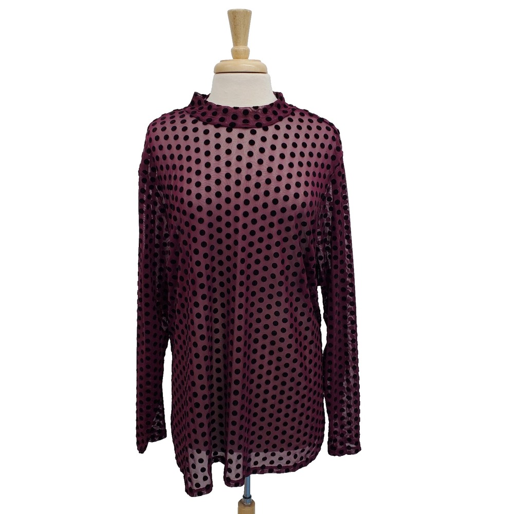 Lane Bryant Burgundy Mesh Polka Dot Top Womens 26/28 Sheer Mock Neck Retro Layer
